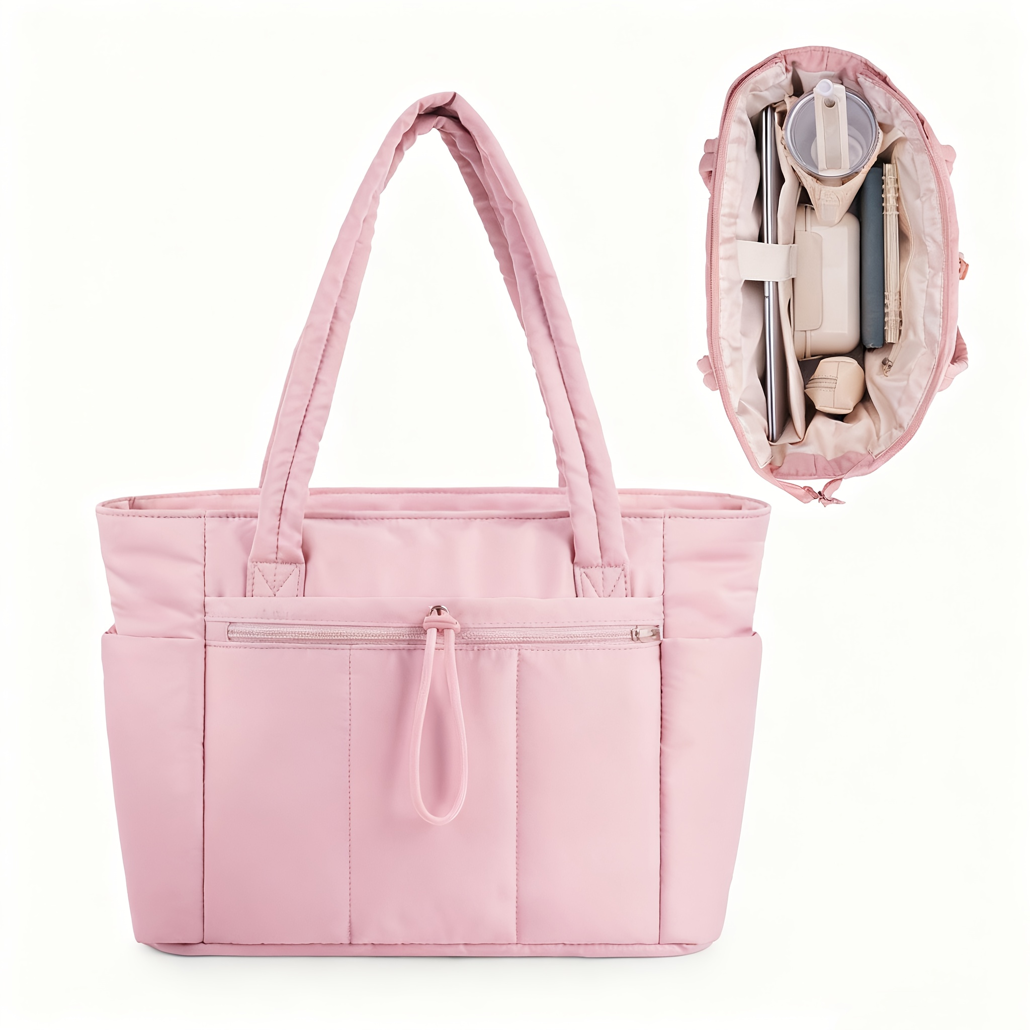 TEMU Puffer Tote Bag Women's Shoulder Bag Large Capacity Quilted Tote Bag Work Tote Bags For Women Nurse Bag With Cup Holder & Laptop Compartment &