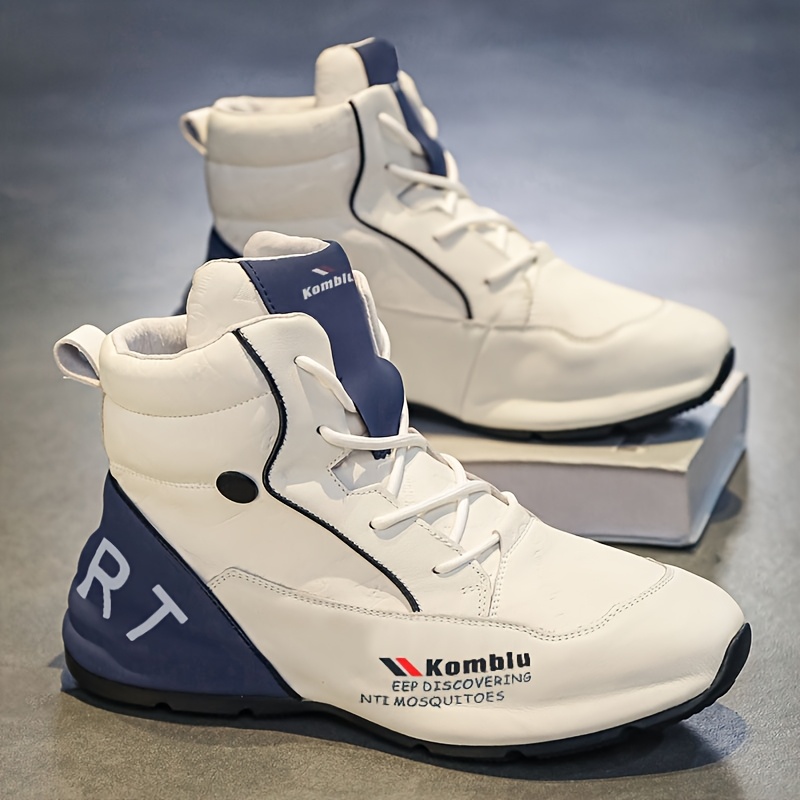 Men's High-Top Casual Sneakers - White & Blue, All-Season Comfort, Lace-Up Sneakers with Non-Slip PVC Sole, Round Toe, PU/Fabric Upper, Perfect for Casual Attire, High Top Sneakers