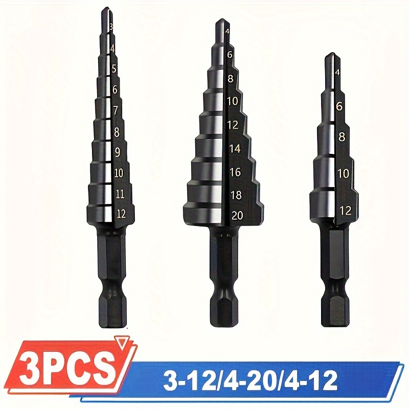 TEMU 3pcs Steel Step Drill Bit Set With Hex Shank - Nitrided Black, Straight Fluted Cutting, 3-12/4-12/4-20mm Sizes