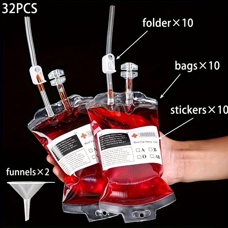 32pcs Halloween Blood Bags - Reusable Plastic Hanging Party Decorations With Medical Labels, Vampire, Zombie, And Nurse Themed Spooky Parties, Blood Bag Decorations