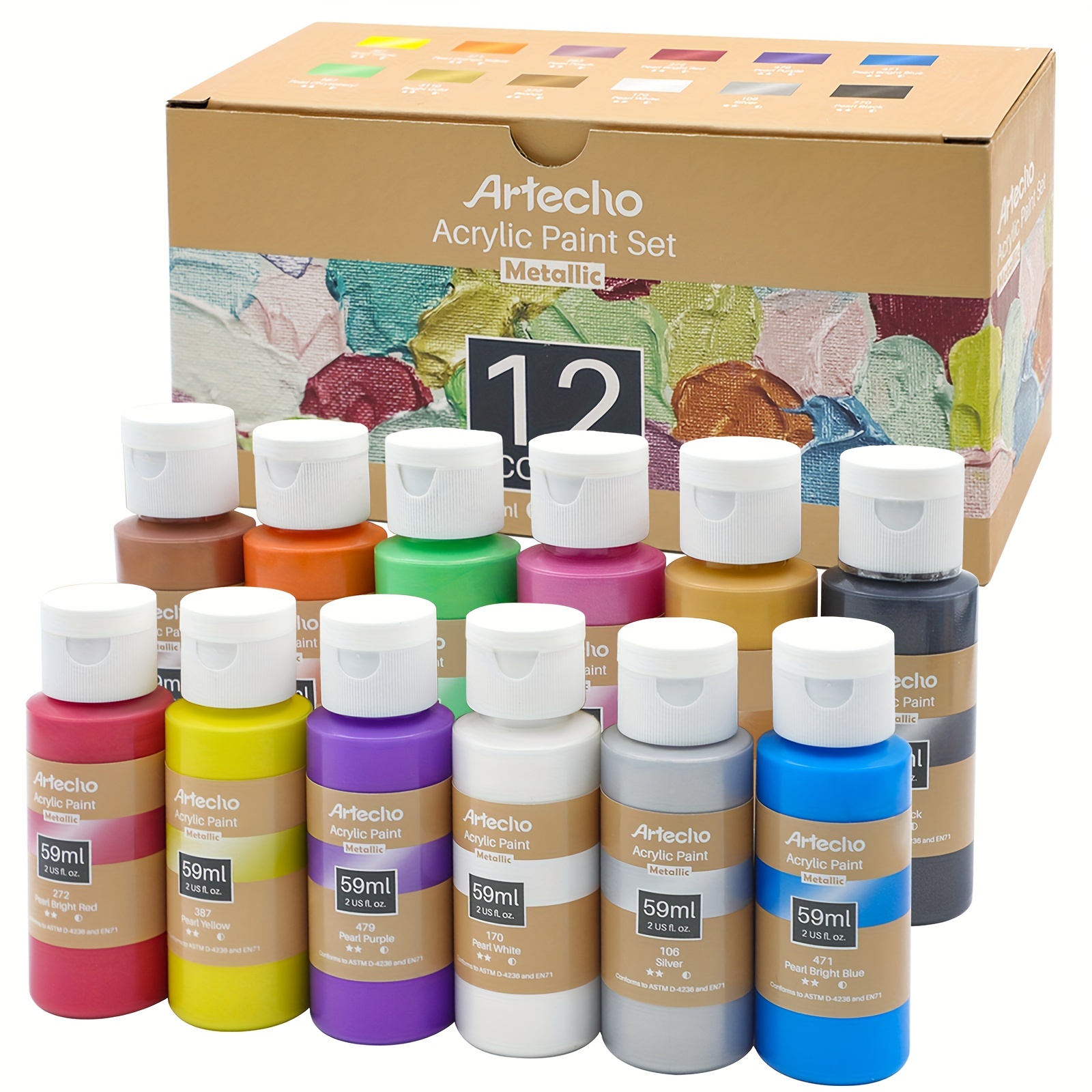 

Acrylic Paint Set 12 Metallic Colors Bottles (59ml/ 2oz) Art Craft Paints For Canvas, Rock, Stone, Wood, Fabric, Art Supplies