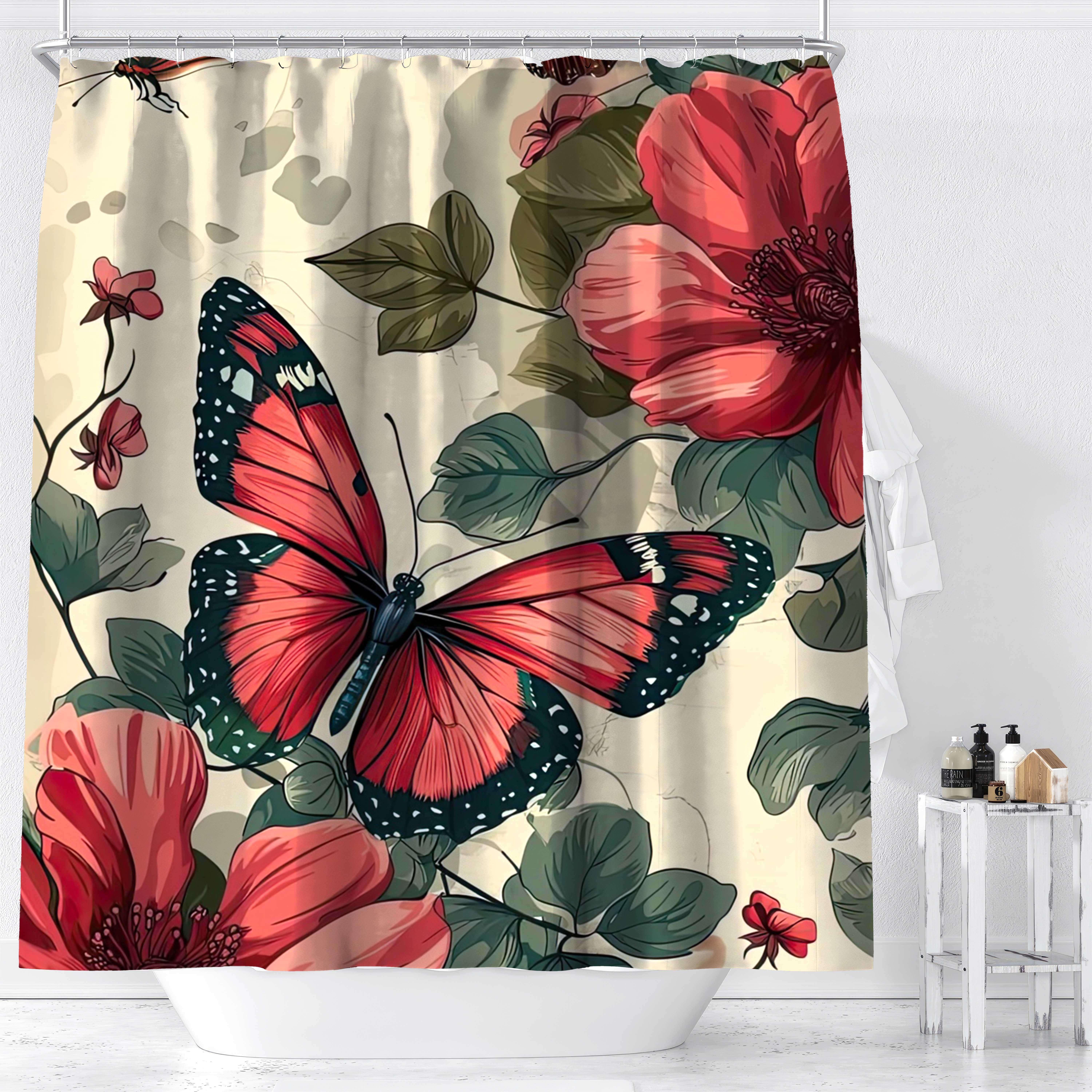 

1pc Red Butterfly Floral Green Leaves Digital Print Shower Curtain, Waterproof Shower Curtain, Bathroom Decor, Bathroom Accessories, 70.87in*70.87in/78.7in*70.87in