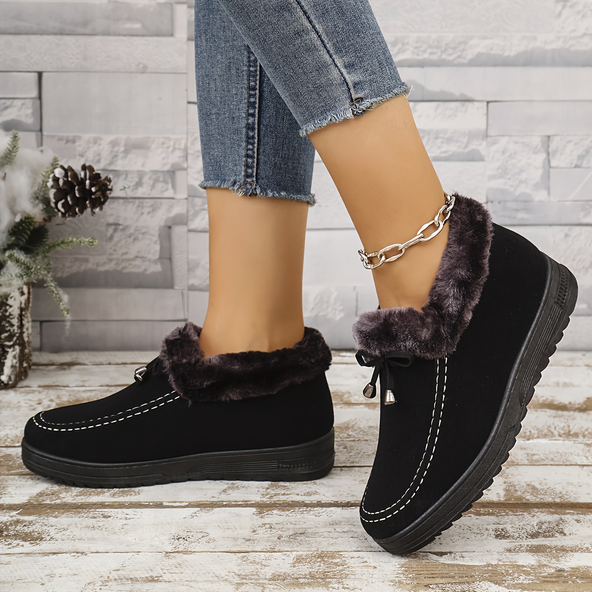 women s thick fleece-lined non-slip warm shoes for winter | slide on indoor/outdoor casual ankle boots, comfortable flat bottom short snowboot, winter boots for women elegant classy, boots with heels, wide width boots for women, winter boots for women high quality snow, chunky shoes for women 5