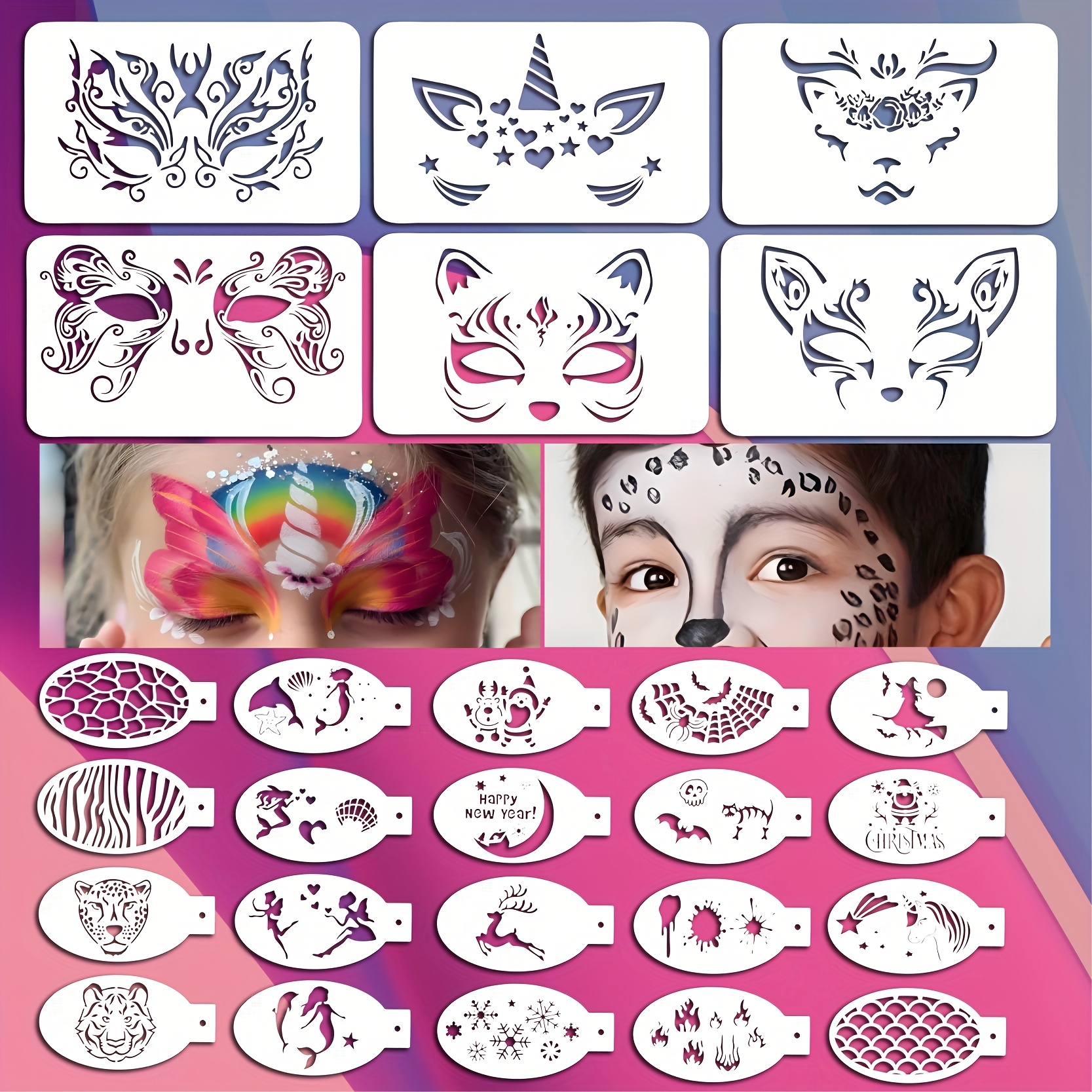 26pcs face painting template set suitable for parties festivals   including 16 reusable face painting templates 3 face painting stickers 2 glitter stickers 5 painting tools pet material