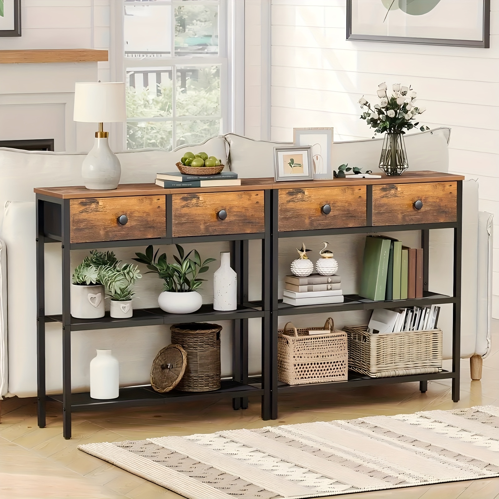 TEMU -inch Narrow Console Table With 2 Fabric Drawers, Sofa Table, Entryway Desk With 3-tier Storage Shelves For Living Room And Hallway In Rustic