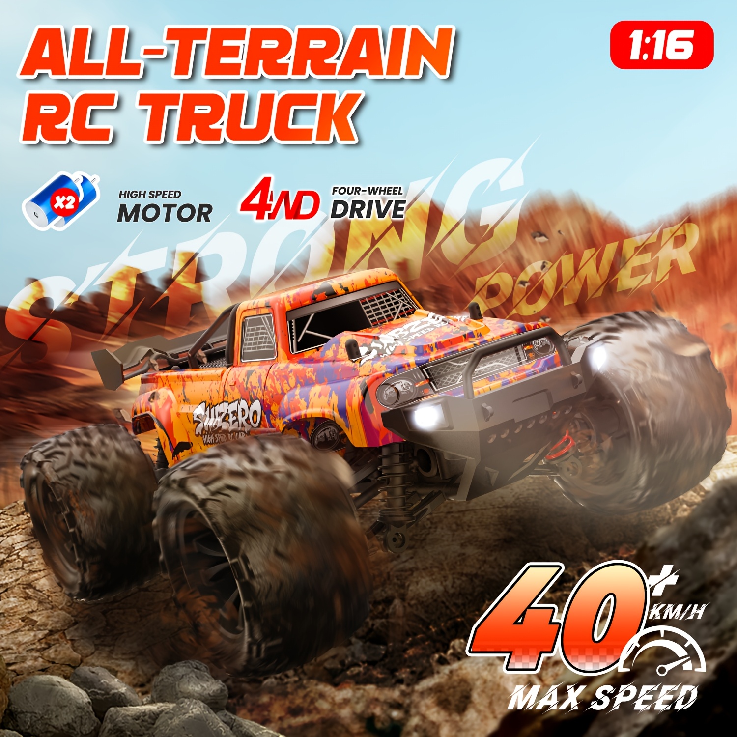 1:16 RC Car, 48Km/h 4WD RC Off-road Vehicle with High Speed Motor, RC Stunt Car with Metal Hydraulic Shock Absorber And Alloy Differential, High Speed Drift Truck, RC Off-road Toy, Ideal Holiday Gift
