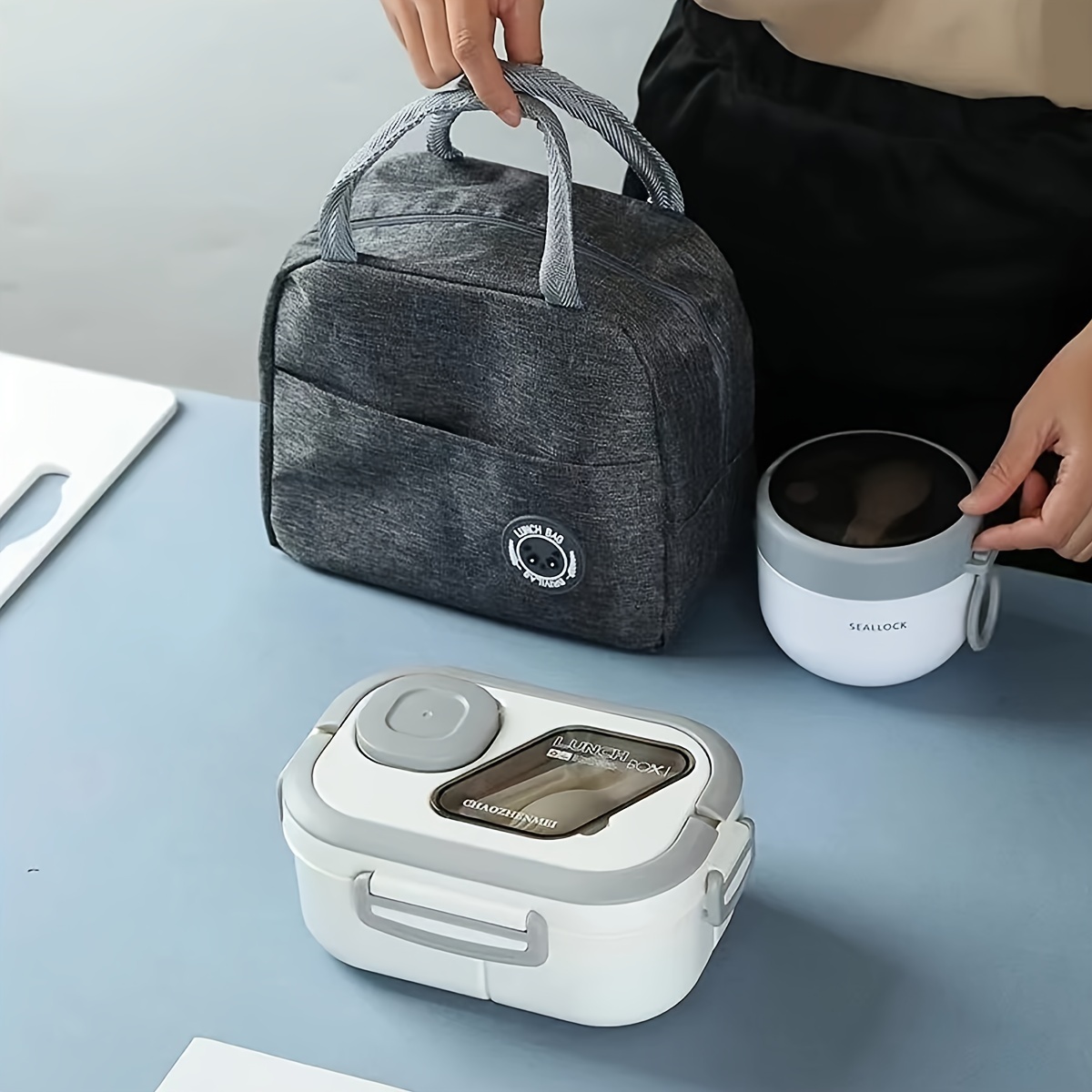 

3pcs/set Portable Lunch Box Bag Set Thermal Bag + Lunch Box + Oatmeal Breakfast Cup, Portable Foldable Aluminum Foil Thermal Bag Lunch Bag With A Pp Thermal Lunch Box And Oatmeal Cup