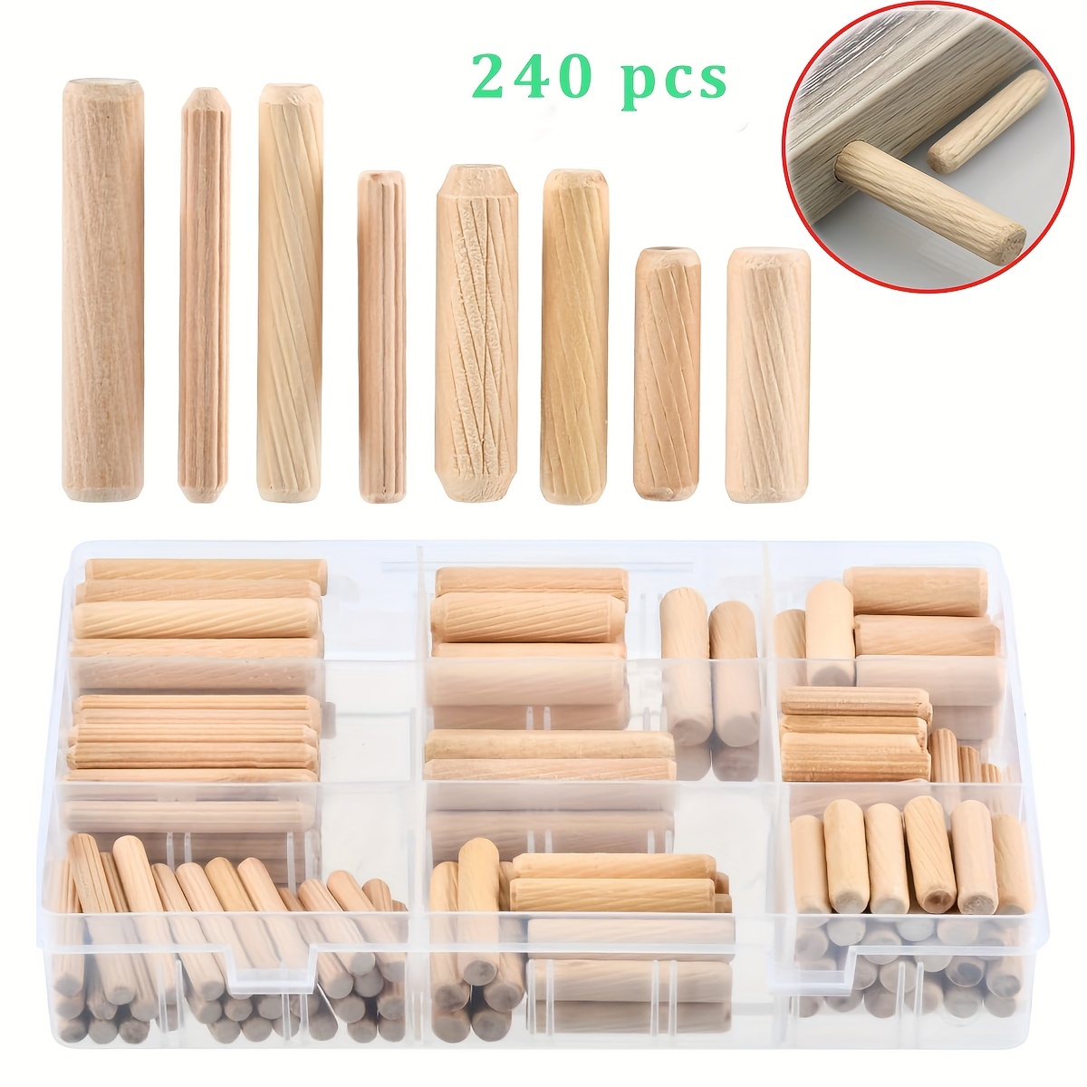 Image of 240pcs Wood Dowel Pins Kit Straight Wooden Dowels M6 1/4 M8 3/8 M10 5/16 For Furniture Door Woodworking Crafts With Beveled Ends Tapered