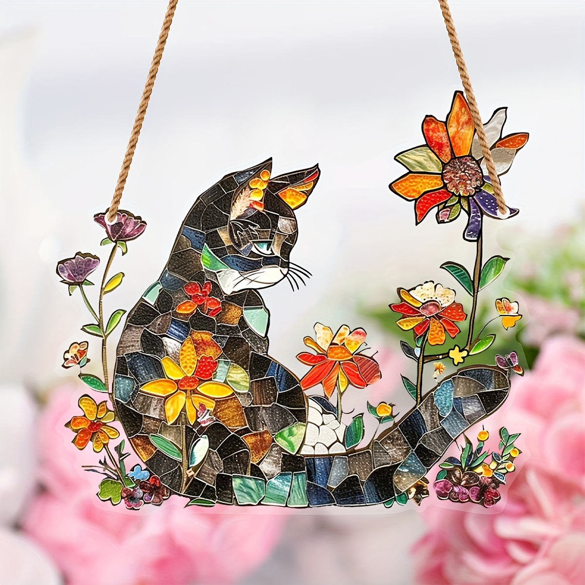 

Acrylic Cat Suncatcher With Flowers - Hanging Stained Window Decoration For Indoor And Outdoor Use, No Electricity Required - Ideal Gift For Cat Lovers