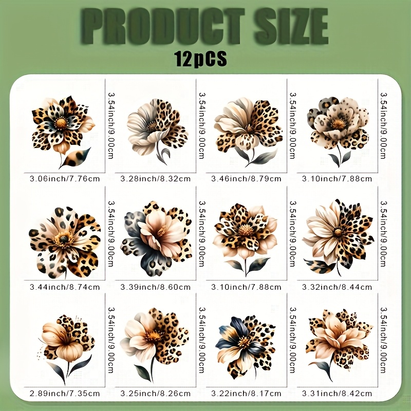 TEMU 12 autocollants thermotransferts léopard et fleurs - Autocollants lavables pour t-shirts, masques, jeans, sacs à dos - Design plastique vibrant