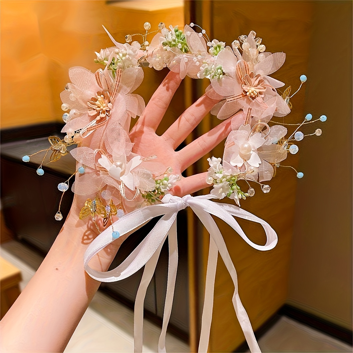 Image of Elegant Headband, Pink And White Flowers, Embellishments - Romantic Garland, Crystal Jewelry Wedding Additions, Bridal Hair Additions, Suitable For Weddings And Photos, Bridal Additions