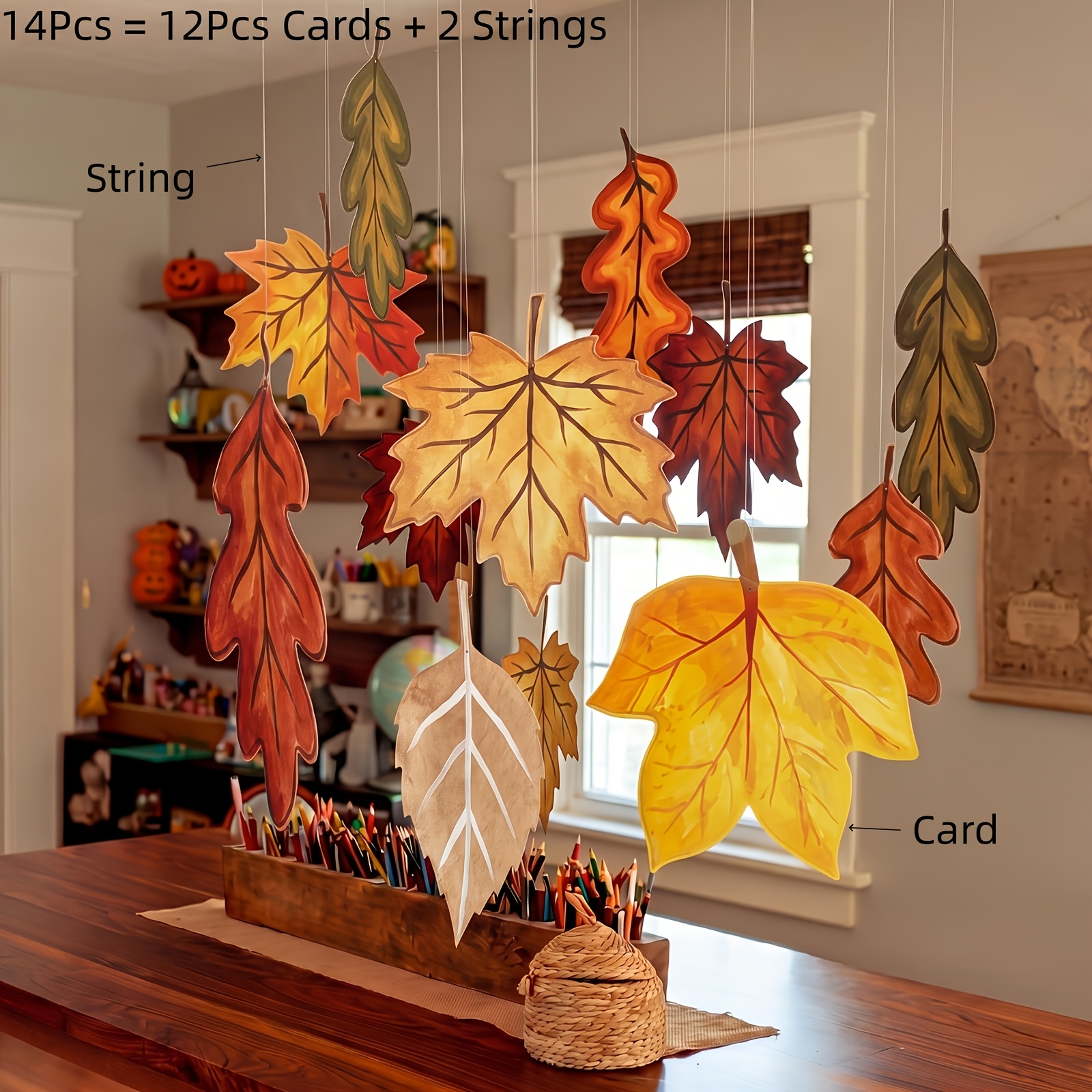 TEMU 14pcs Grandes Décorations de Feuilles d'Érable d'Automne, Kit de Guirlande Suspendue de Double Face avec Crochets, Ornement de Feuille de Mur de