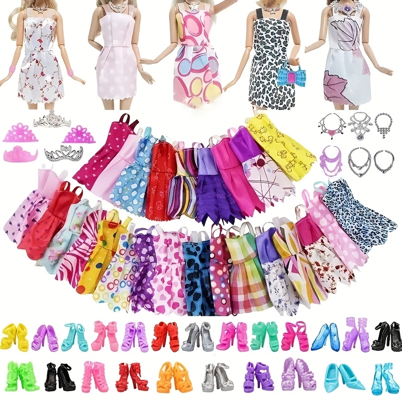 32pcs Doll Dress-Up Set for Girls, Assorted Styles with 10 Outfits, 10 Shoes, 6 Crowns, 6 Necklaces, Fashion Accessory Collection, Mixed Color, Durable Plastic Material