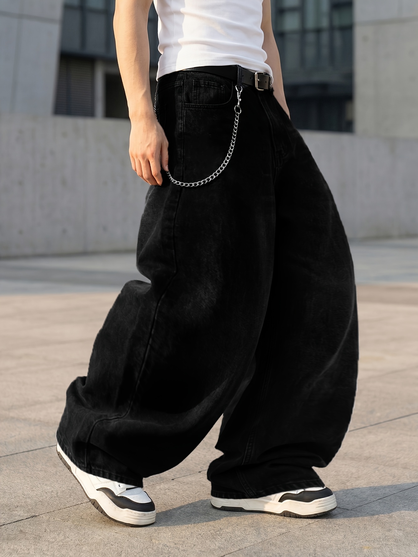 mens solid black grey baggy jeans loose wide leg straight fit denim pants retro   trousers spring summer fashion comfortable soft casual denim jeans no accessories included