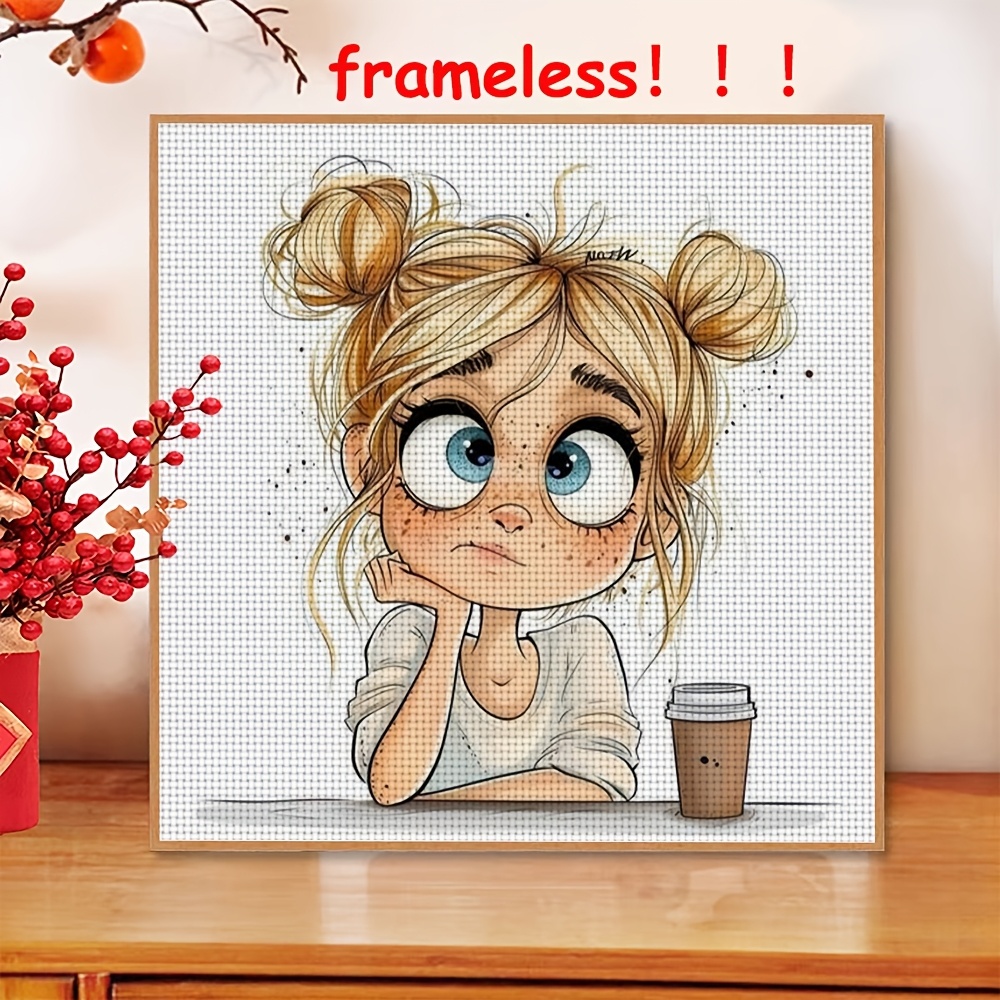 TEMU 1pc 11ct Frameless Diy Cross Stitch Kit-cartoon Girl With Coffee Cup Looks ,suitable For Adults And Beginners To Relax, Handmade Embroidery Kit,