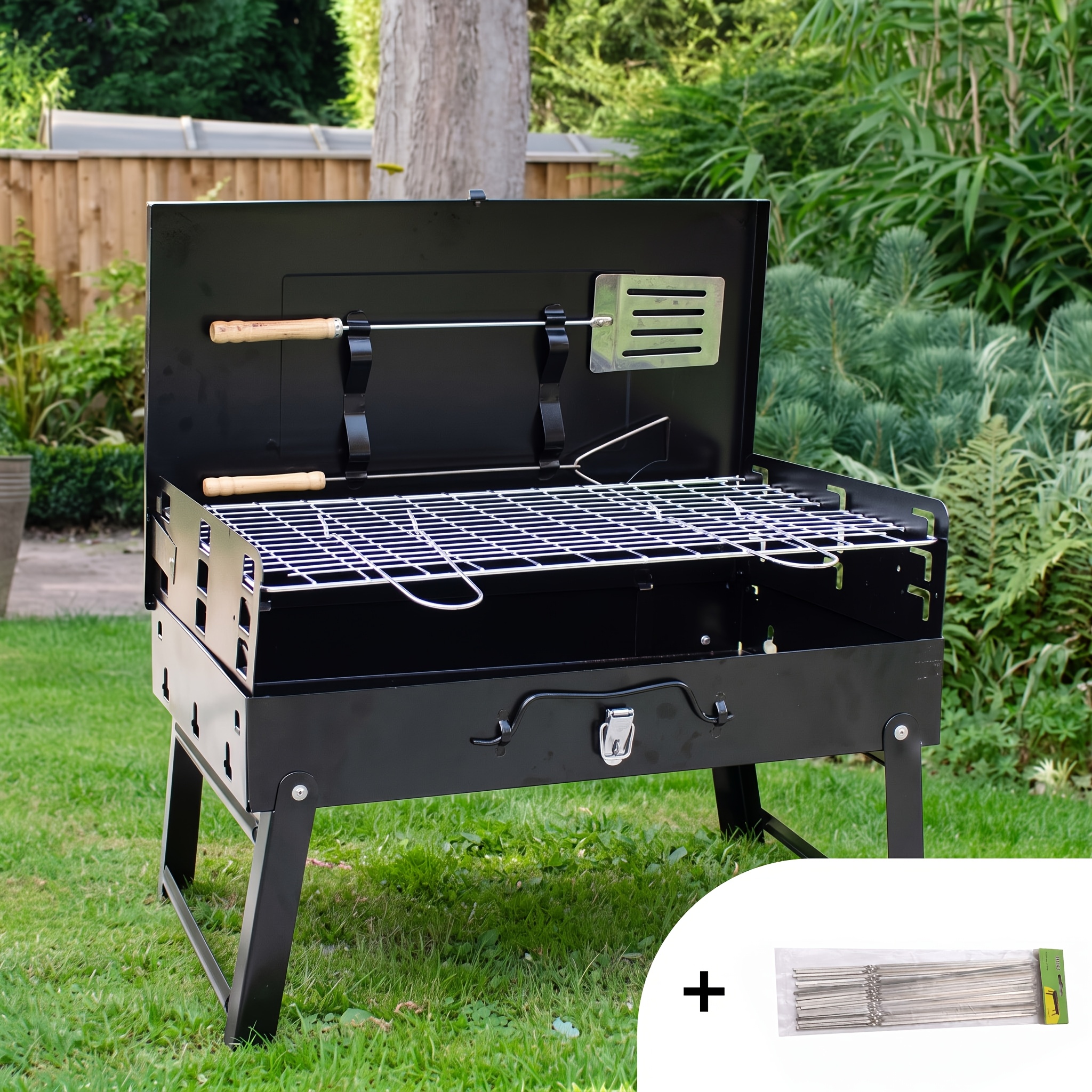 TEMU Halloween Gift, Comes With 20pcs Barbecue Needles, Charcoal Barbecue Grill Folding Outdoor Barbecue Charcoal Grill Portable Barbecue Lightweight