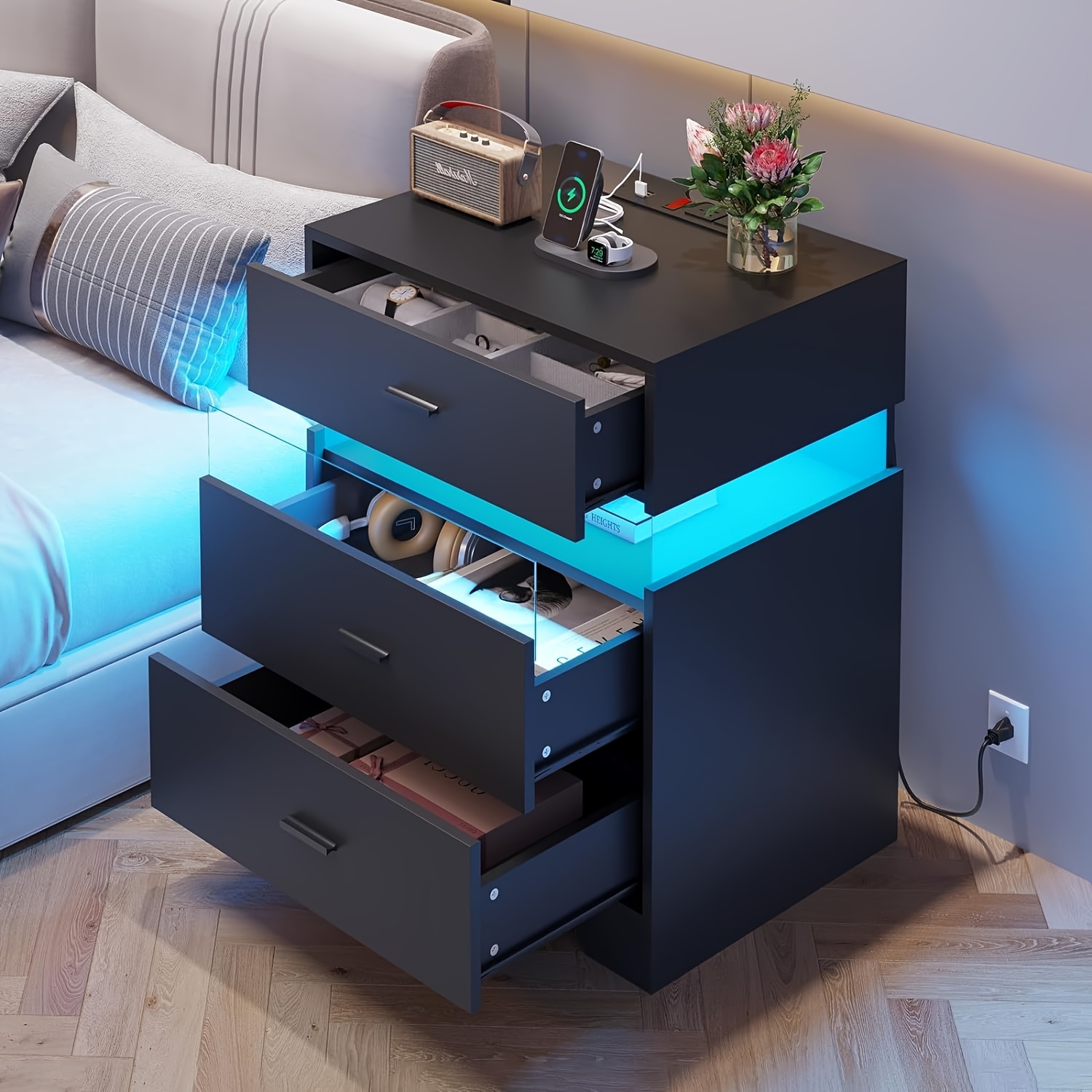 

Nightstand With 3 Drawers For Bedroom, Black End Side Table With Acrylic For Living Room