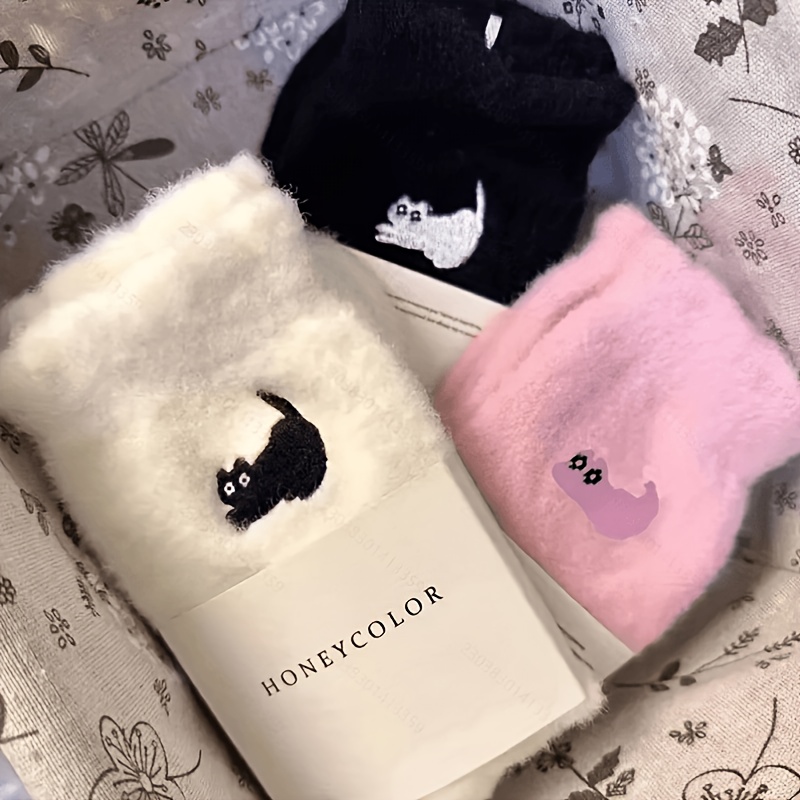TEMU 3 Pairs Of Women's Cute Cat Thick Mid-calf Socks, Autumn And Winter, Suitable For Outdoor Casual Warm Comfortable Socks