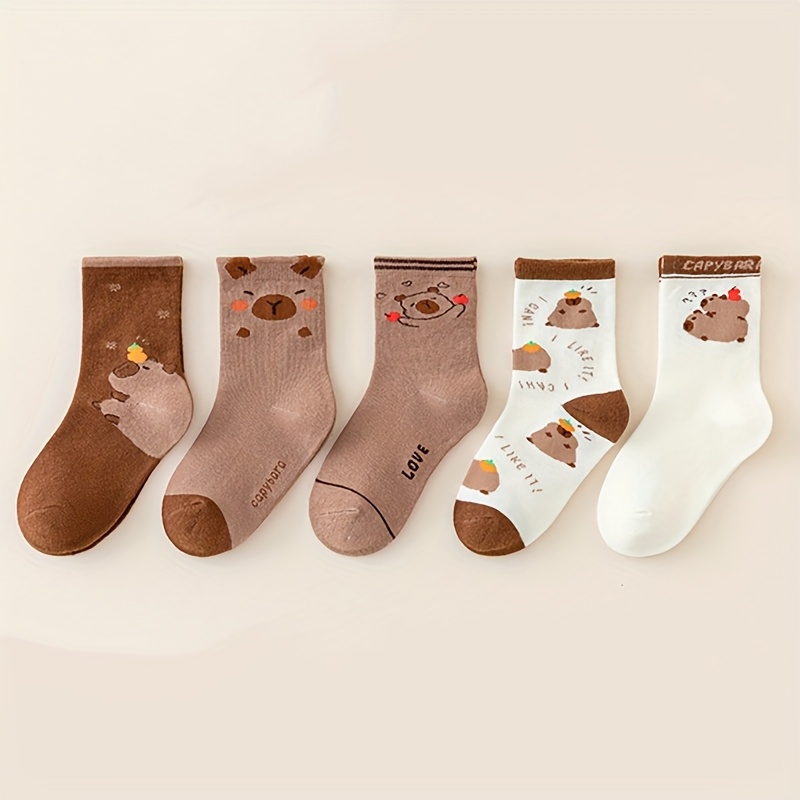 TEMU 5 Pairs New Capybara Kids' Socks | Cute Versatile Mid-calf Socks For Boys, Elastane, Cartoon Pattern, , Hand Wash Only