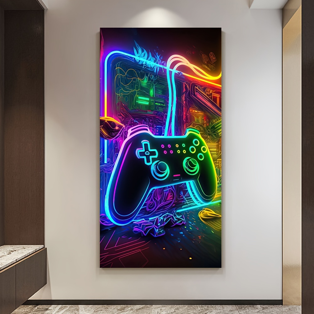 

1pc Neon Game Controller Canvas Wall Art, Modern Abstract Print, Universal Holiday Decor, No Electricity Needed, Ideal For Bedroom, Game Room, - Blue