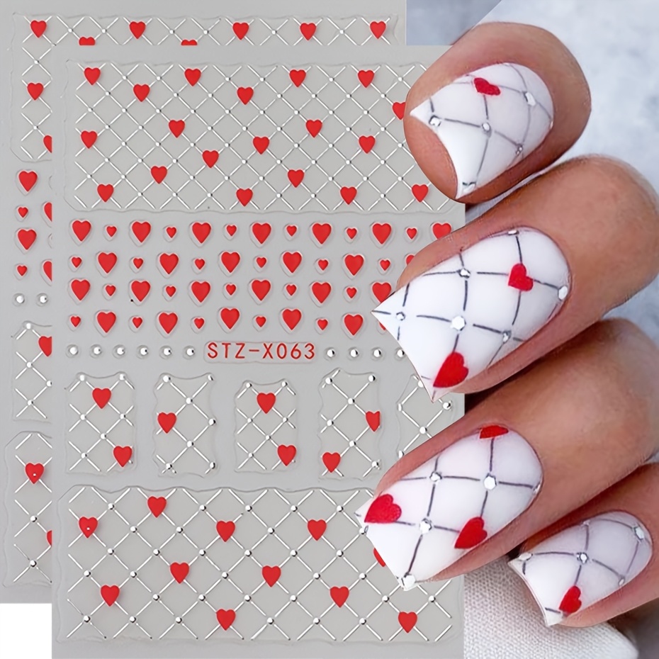 

2pcs 3d Valentine's Day Nail Art Stickers - Hearts & Silvery Glitter Grid Design, Self-adhesive French Tips Decals For Diy Manicure