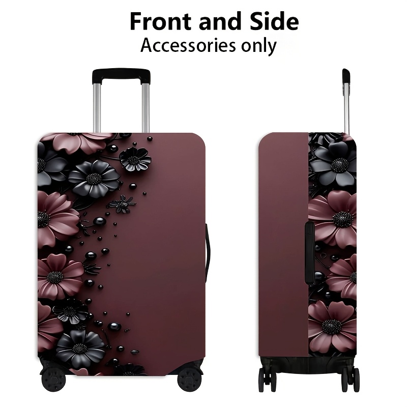 TEMU Travel Essential, Burgundy Base, Side Embellishment With Red Floral And Bead Pattern, Pattern Suitcase Cover Wheel Dust-proof Elastic Travel