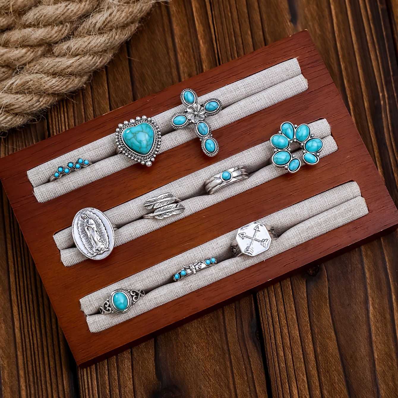 10pcs Alloy Imitation Turquoise Inlaid Stacked Ring Set