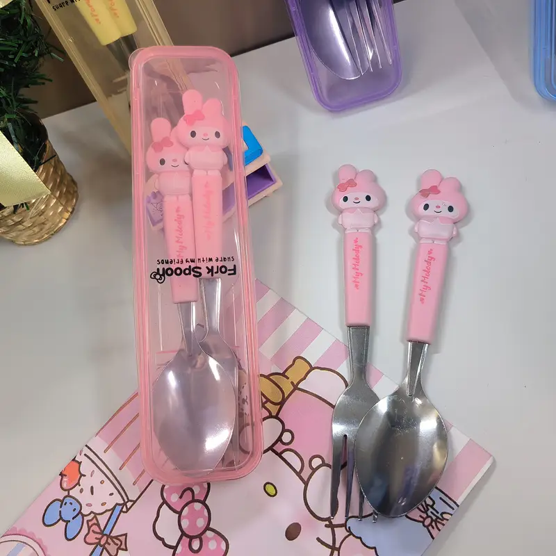 2pcs stainless steel portable cutlery set cute cartoon cutlery spoon and fork outdoor travel spoon or practical items travel portable school supplies student prizes birthday gifts easter Product details 6