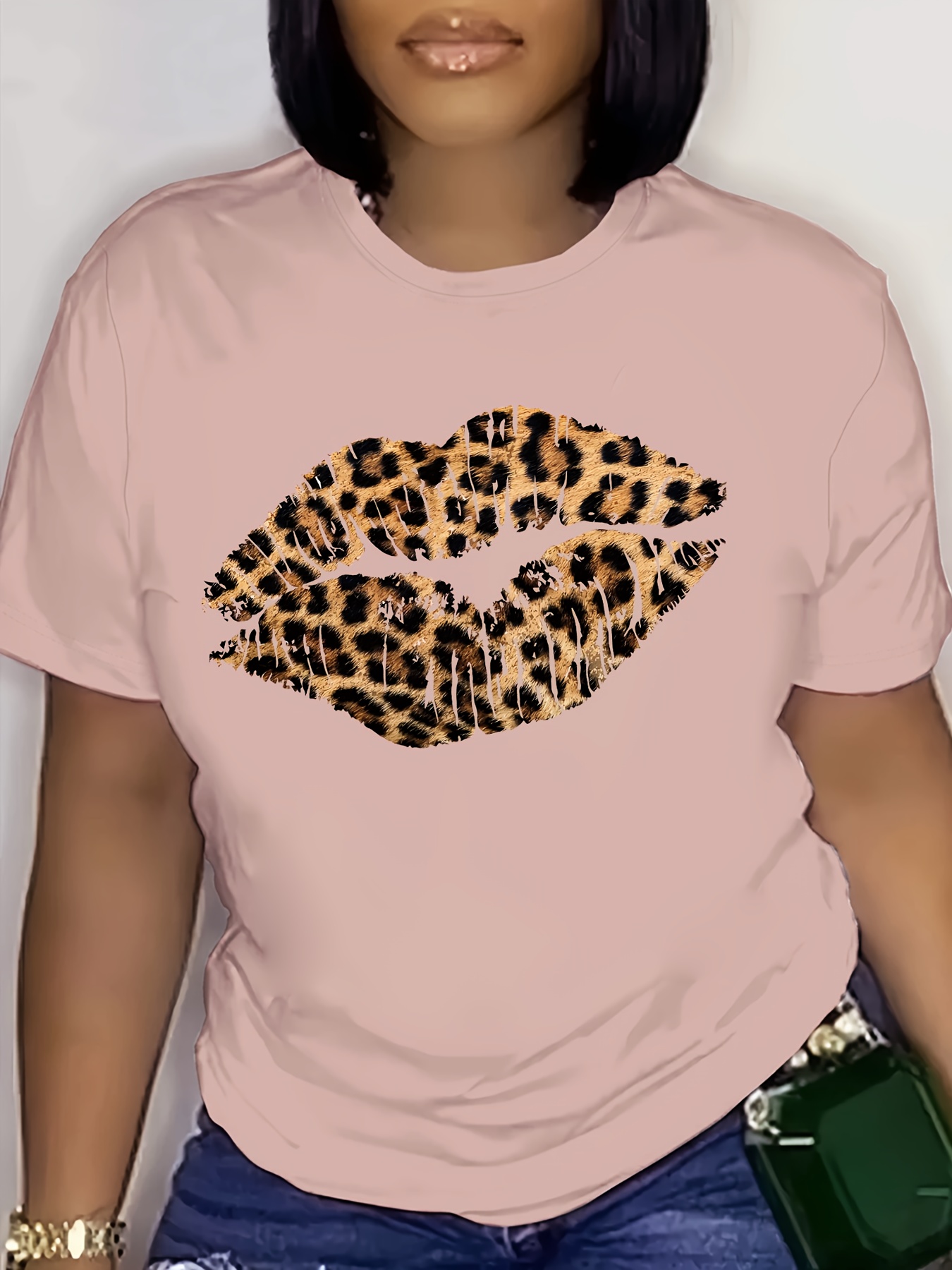 women's vibrant yellow leopard lips graphic tee shirt casual