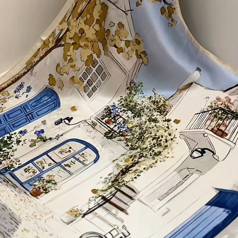 TEMU Women's Silk Hand-painted Small Town Satin Small Square Scarf, Neck Scarf, Head Wrap, Hairband. Features A Small Town Illustration Pattern With