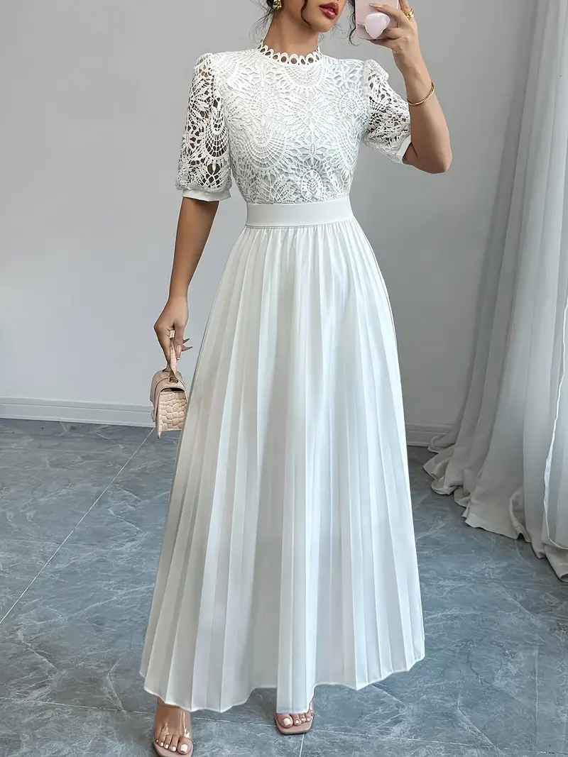 Elegant Pleated Puff Sleeve Waist Lace Panel Accents Women'* Maxi Dress Elegant Pleated Puff Sleeve Waist Lace Panel Accents Women'* Maxi Dress