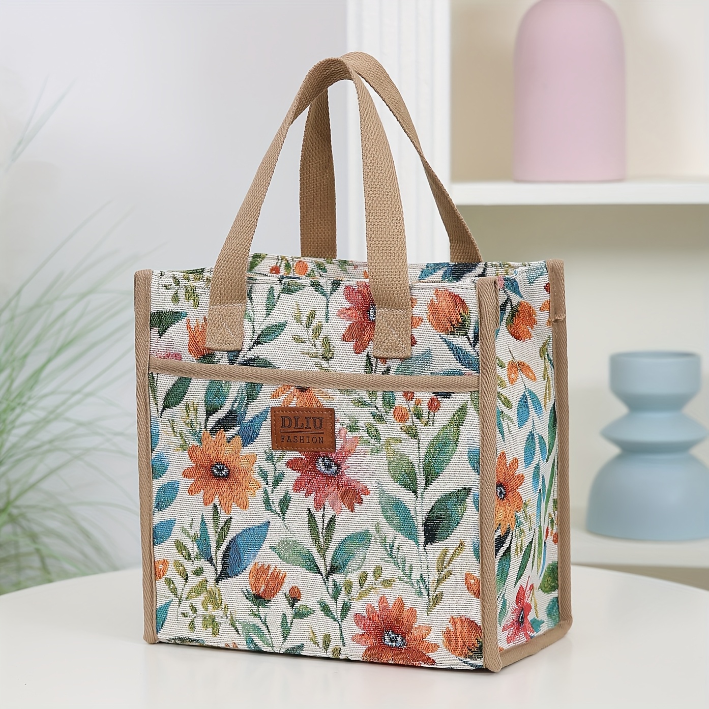 TEMU New Product, Thickened Knitted Jacquard Fabric, Floral Pattern, Handbag, Large-capacity Portable Storage Bag, Suitable For Bringing Meals To