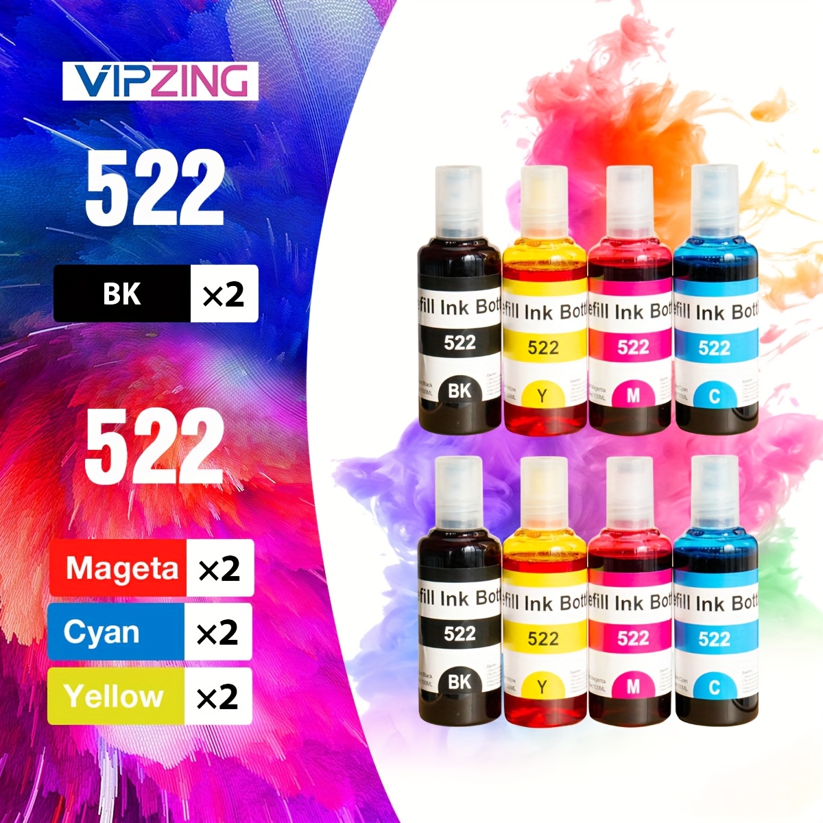 TEMU Vipzing 1/4/8 Pack T522 522 High Capacity Refill Ink Bottle Replacement Compatible 502 Ink Refill Bottle Use For Et-2803 Et-2800 Et-2720 Et-3750