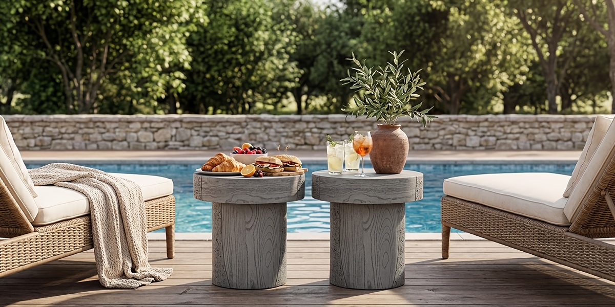 Modern Sculptural Mgo Outdoor Side Table, Grey Faux Wood And Stone Cylinder Nesting Table Set, Weather-Proof Concrete Garden Stool for Patio Living Room