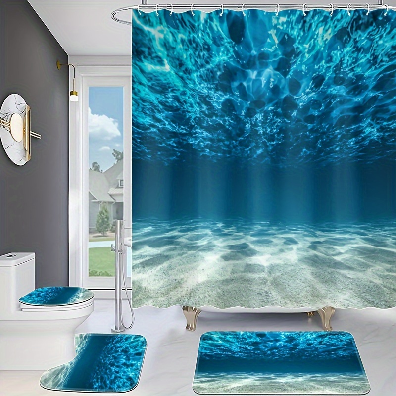 

1/4pcs Ocean Decor Shower Curtain Set, Blue Sea View Bathroom Shower Curtain, Waterproof Polyester Bath Curtain With 12 Hooks, Machine Washable Curtain For Bathroom Decor