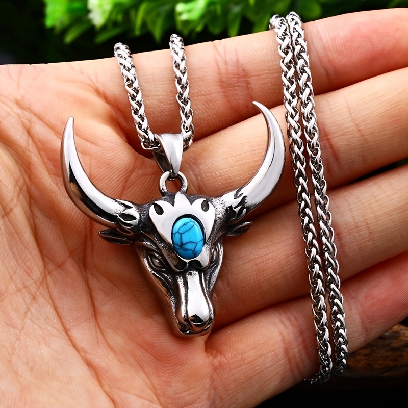 TEMU 1pc Vintage Bull Skull Shape Pendant Necklace Inlaid Synthetic Green Synthetic Cubic Zirconiaia Decor Box Chain Men Women Western Style Daily