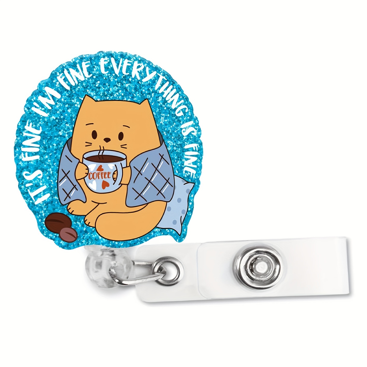 1pc It's Fine I'm Fine Everything Is Fine Blue Retractable Glitter Badge  Reel With Alligator Clip, Funny Badge Holder Gift For Cat Lover Coffee  Lover