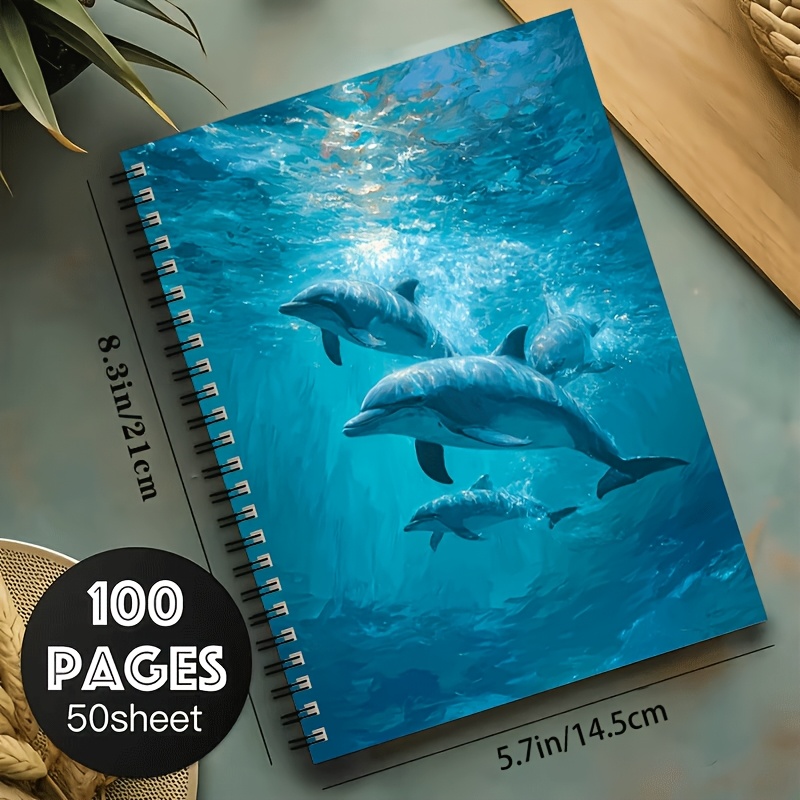 TEMU 1pc Blue Ocean Dolphin Art A5 Spiral Notebook, Size 21×14.5cm, Black Spiral 24-hole Binding, 50 Sheets 100 Pages, Theme, Classroom Notes, Office