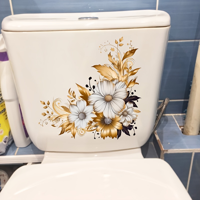 

1pc Floral Toilet Sticker, Vintage Golden Leaf And White Flower, Pvc Wall Decal For Bathroom Decoration, Waterproof, Removable Restroom Decor, Aesthetic Home Decoration, Room Decor, Beautify Your Home