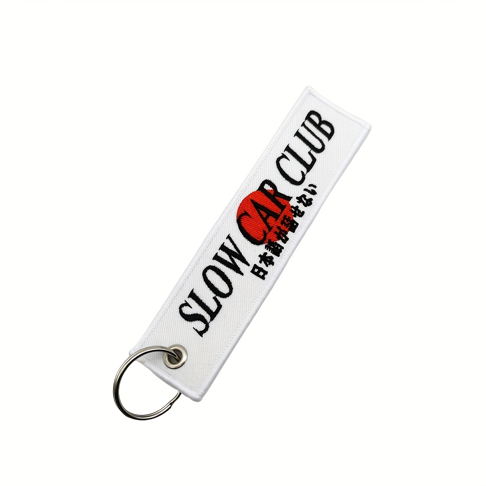 Image of 1pc "slow Car Club" Embroidered Nylon Keychain - Jdm Slogan Style, Durable Car & Motorcycle Key Tag Accessory With Red Sun Graphic, Cool Car Accessories