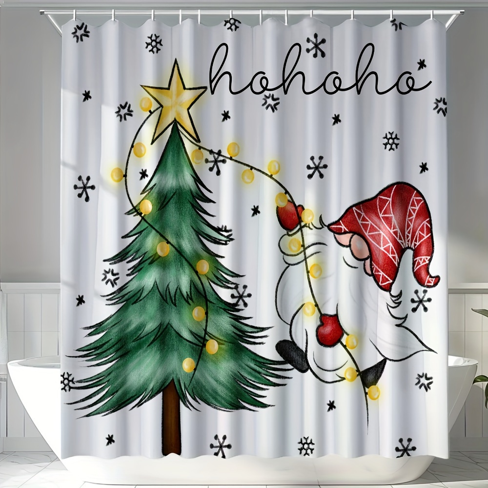 

Christmas Shower Curtain - Polyester Satin Woven, Water-resistant, Unlined, Ripple Fold Top, Cartoon Santa & Tree Pattern With Hook Accessories, All-season Moose Theme Bath Decor - Wipe Clean