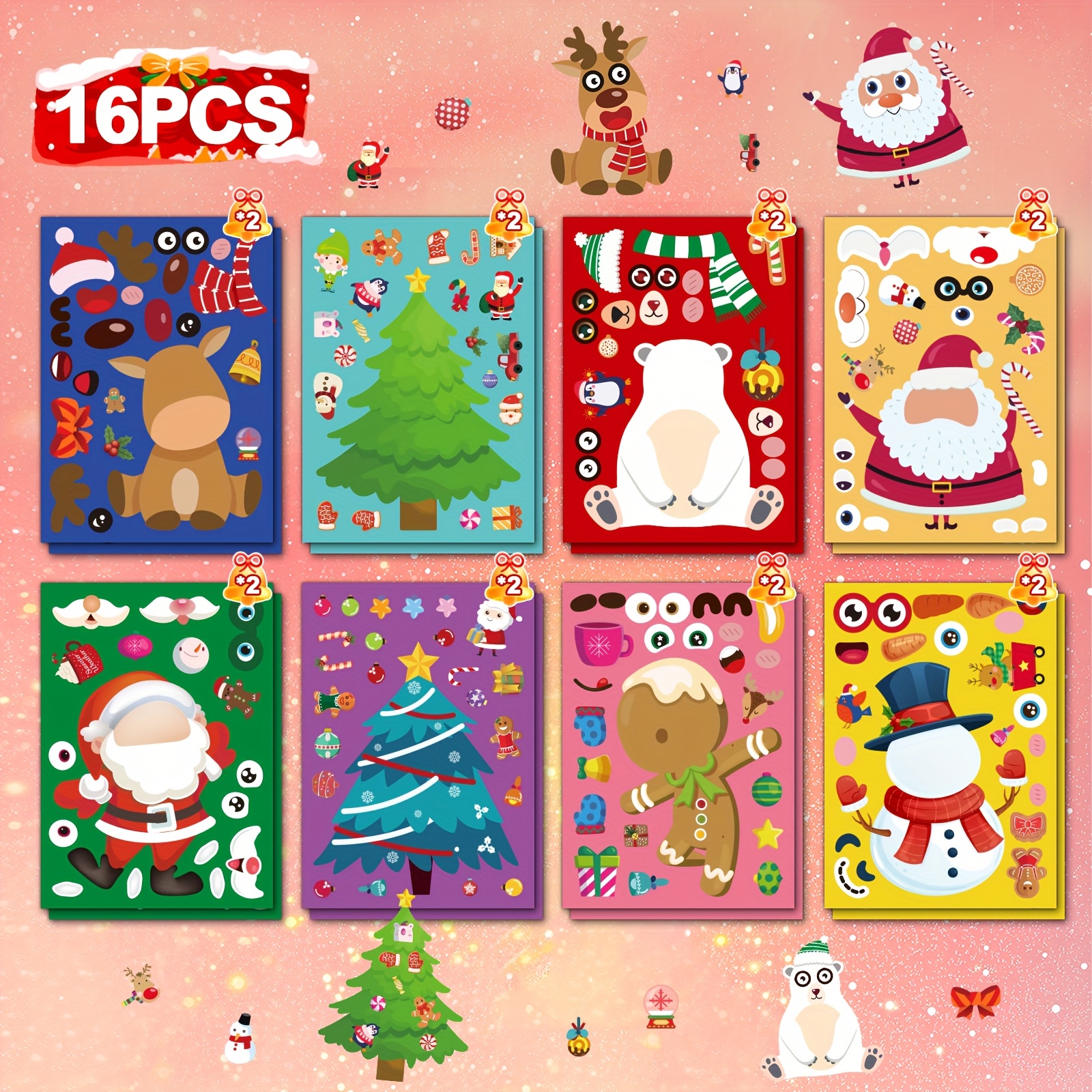 Image of 16pcs Festive Christmas Sticker Set: Featuring Santa Claus, Trees, Houses, And Snowman Faces - Perfect For