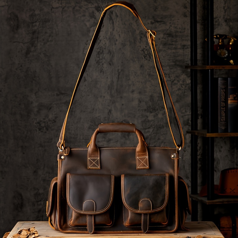 1pc Men\'s Leather Handbag, Top Layer Cowhide Shoulder Bag, Vintage Travel Sling Bag