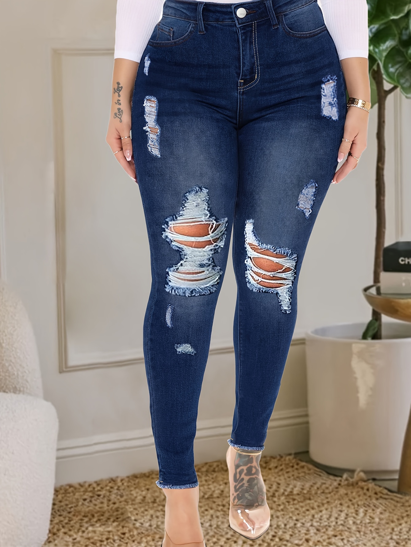 Plus Size Skinny Fit Ripped Distressed Washed Blue Zipper Button Closure  Denim Pants, Women's Denim Jeans Clothing