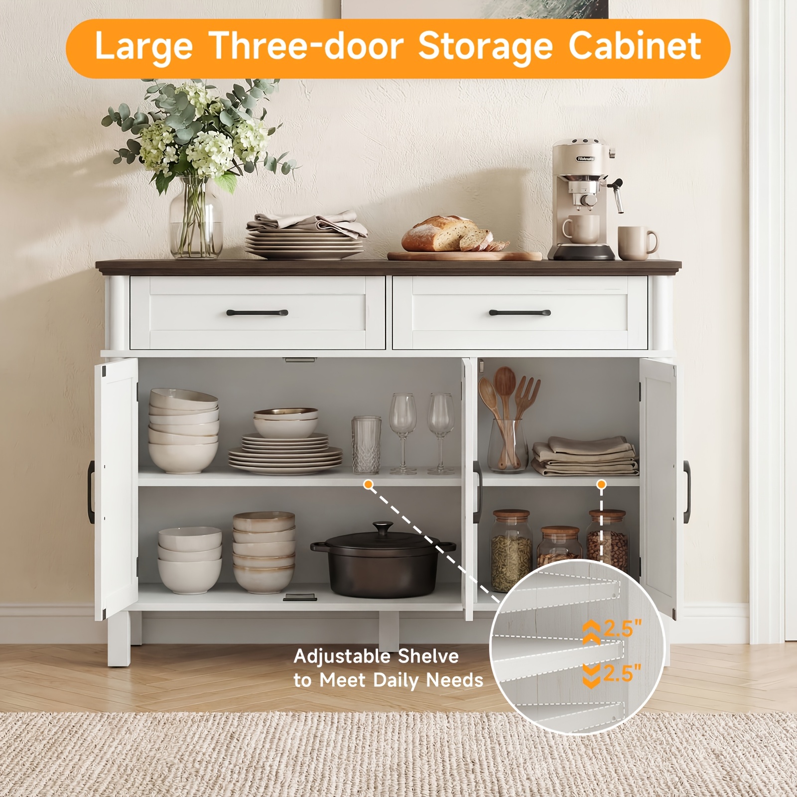 Farmhouse 48 Inch Buffet Cabinet with Storage, 48 Inch Sideboard with 2 Drawers And 3 Doors - Wood Coffee Bar Cabinet with Adjustable Shelves for Kitchen, Dining Room, Living Room