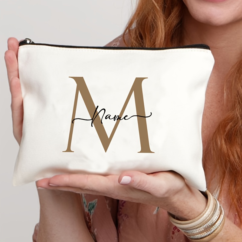 TEMU 1pc Personalized Custom Name Cosmetic Bag - Elegant Cursive Script Makeup Pouch, Durable Polyester Travel Toiletry Organizer, Bridesmaid Wedding