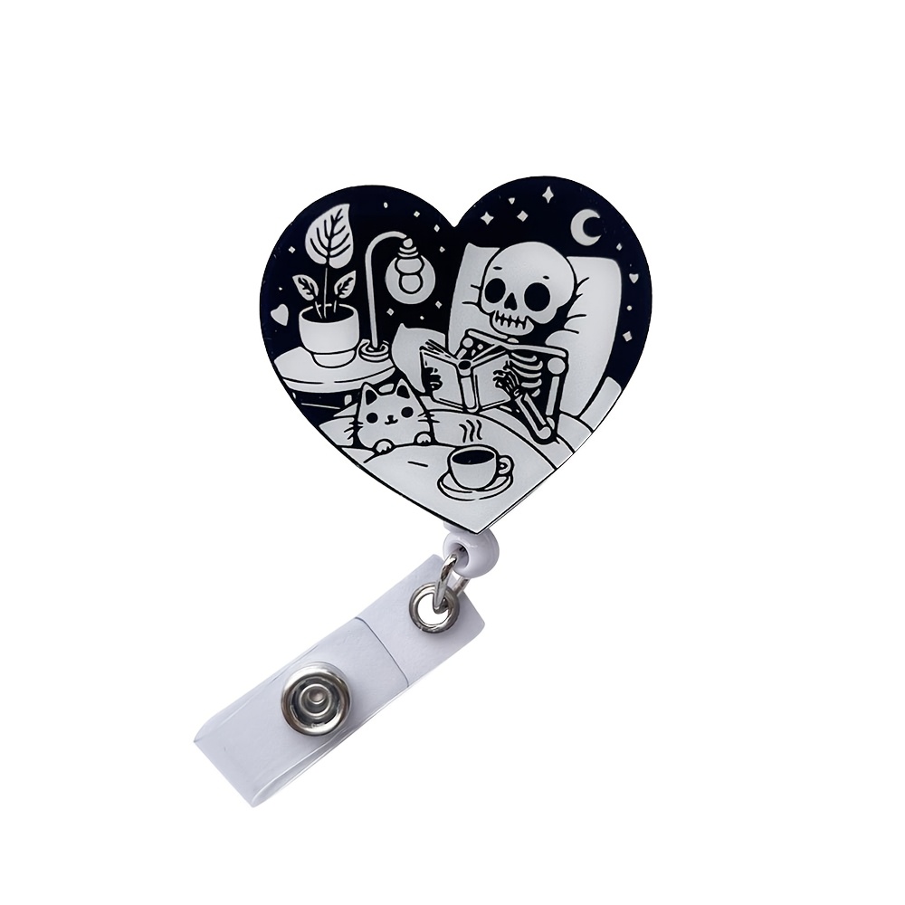 

1pc Heart-shaped Skeleton Reading Acrylic Badge Holder With Retractable Reel, Material, With Silicone Lanyard, With Protective Film, For Nurses, Hospital, Office