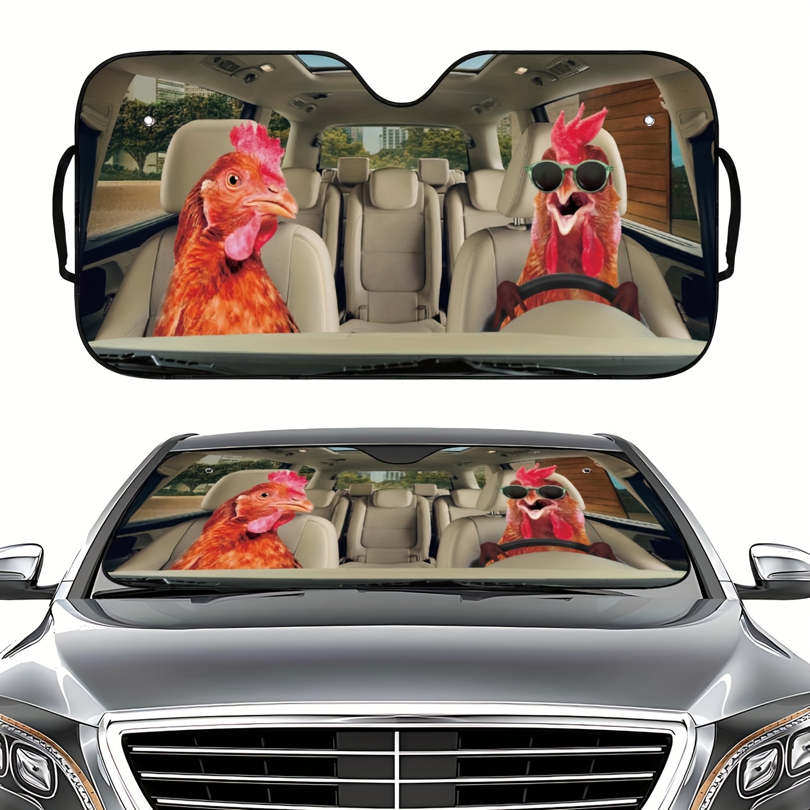 

1pc Chicken Driving Car Print Sunshade - Polyester, , Foldable Visor For Vehicle Windows, Suvs & Cars, Chicken Decor