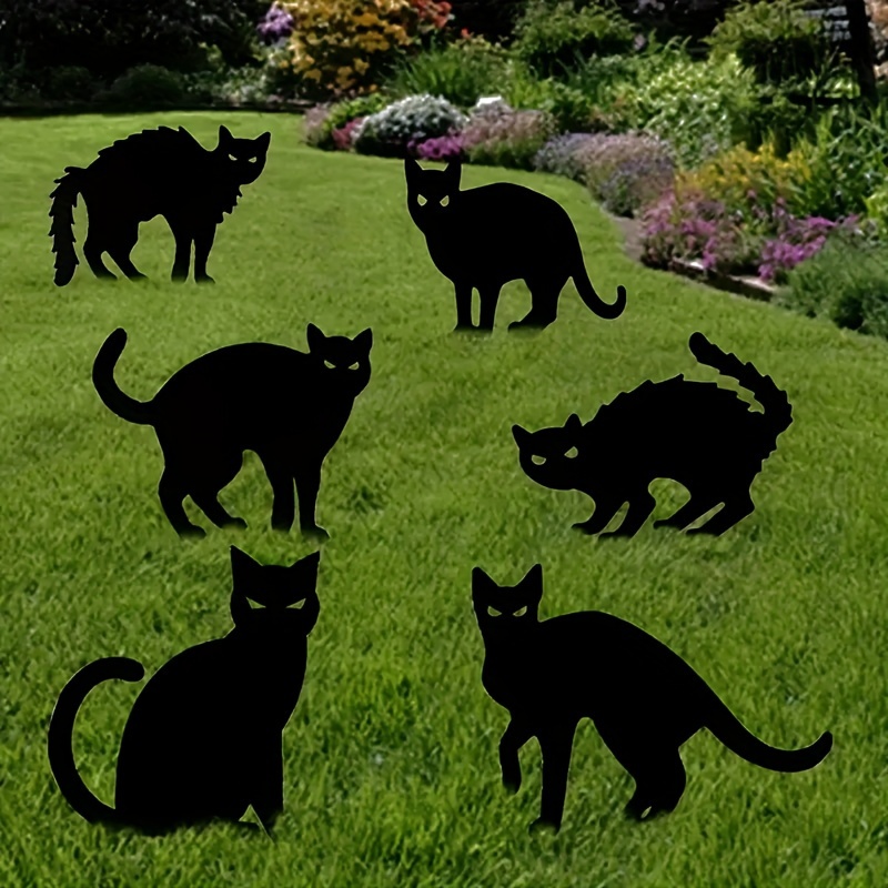 

6 pièces, logos de jardin de chat fantomatique d'Halloween avec piquets, accessoires de décoration de cour extérieure d'Halloween, décorations pour la maison et le domaine
