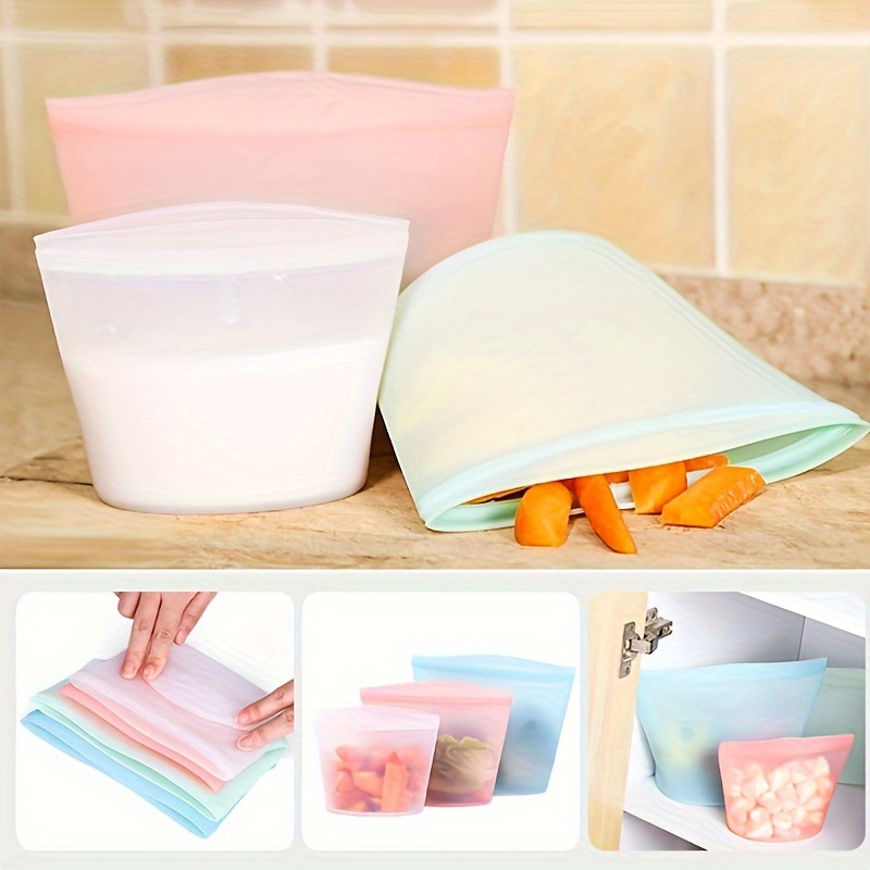 

3pcs Silicone Food Storage Bags - Reusable, Leakproof & Zip Containers For - Kitchen , 17.6oz/35.2oz/52.8oz